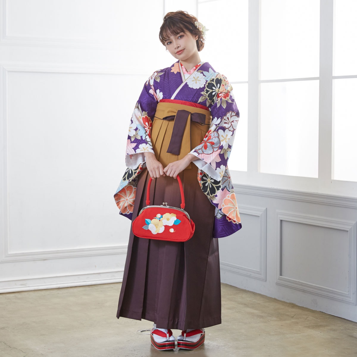  【SALE】 紫　雪輪に桜菊花 レンタル 大学生袴 G637