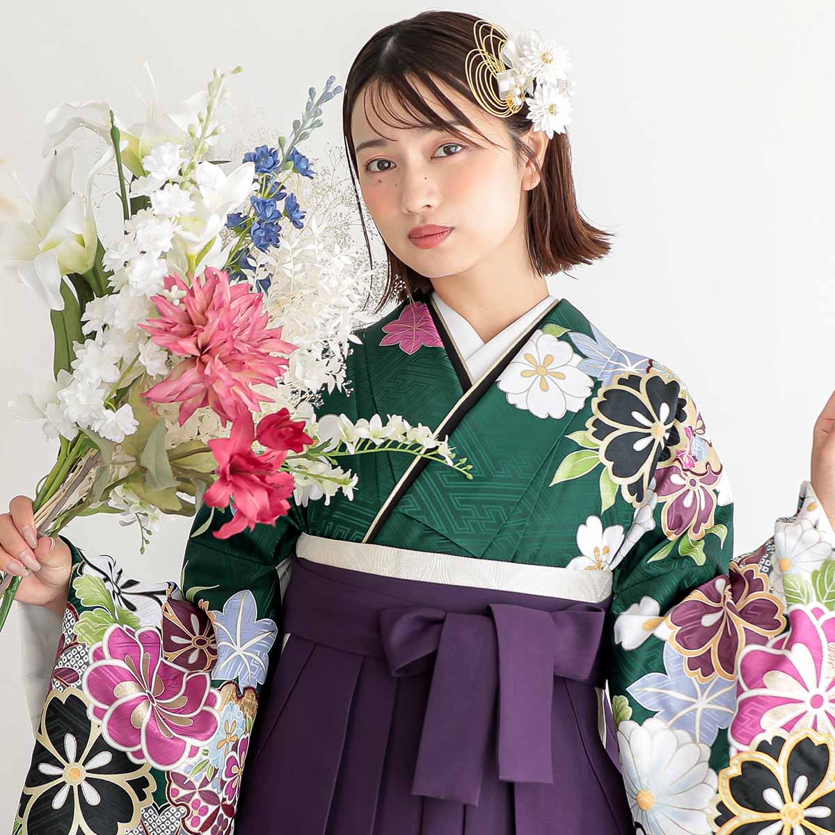  【SALE】 深緑　雪輪に桜菊花 レンタル 大学生袴 G636