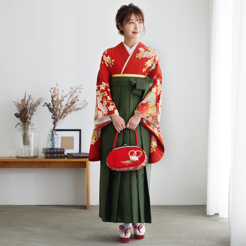  【SALE】 朱赤　雪輪牡丹に熨斗 レンタル 大学生袴 G614