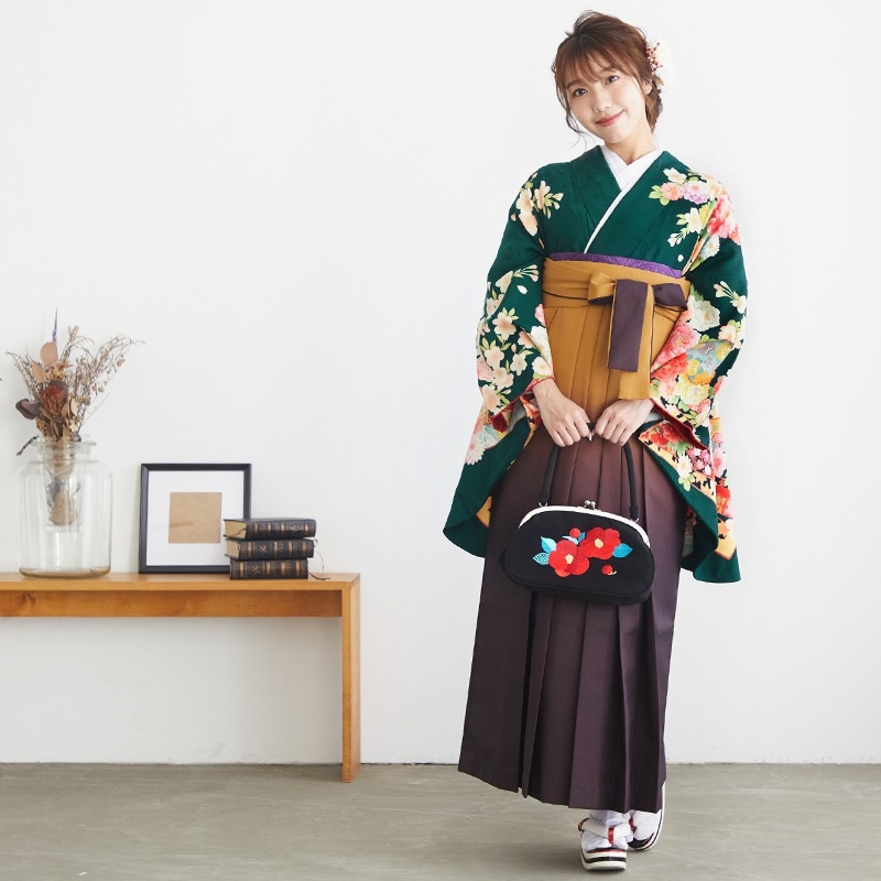  【SALE】 深緑　雪輪牡丹に熨斗 レンタル 大学生袴 G611