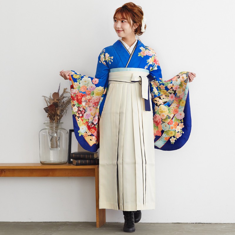  【SALE】 青　雪輪牡丹に熨斗 レンタル 大学生袴 G610