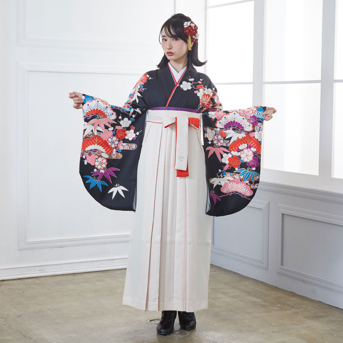  【SALE】 黒　霞に松竹梅 レンタル 大学生袴 G608