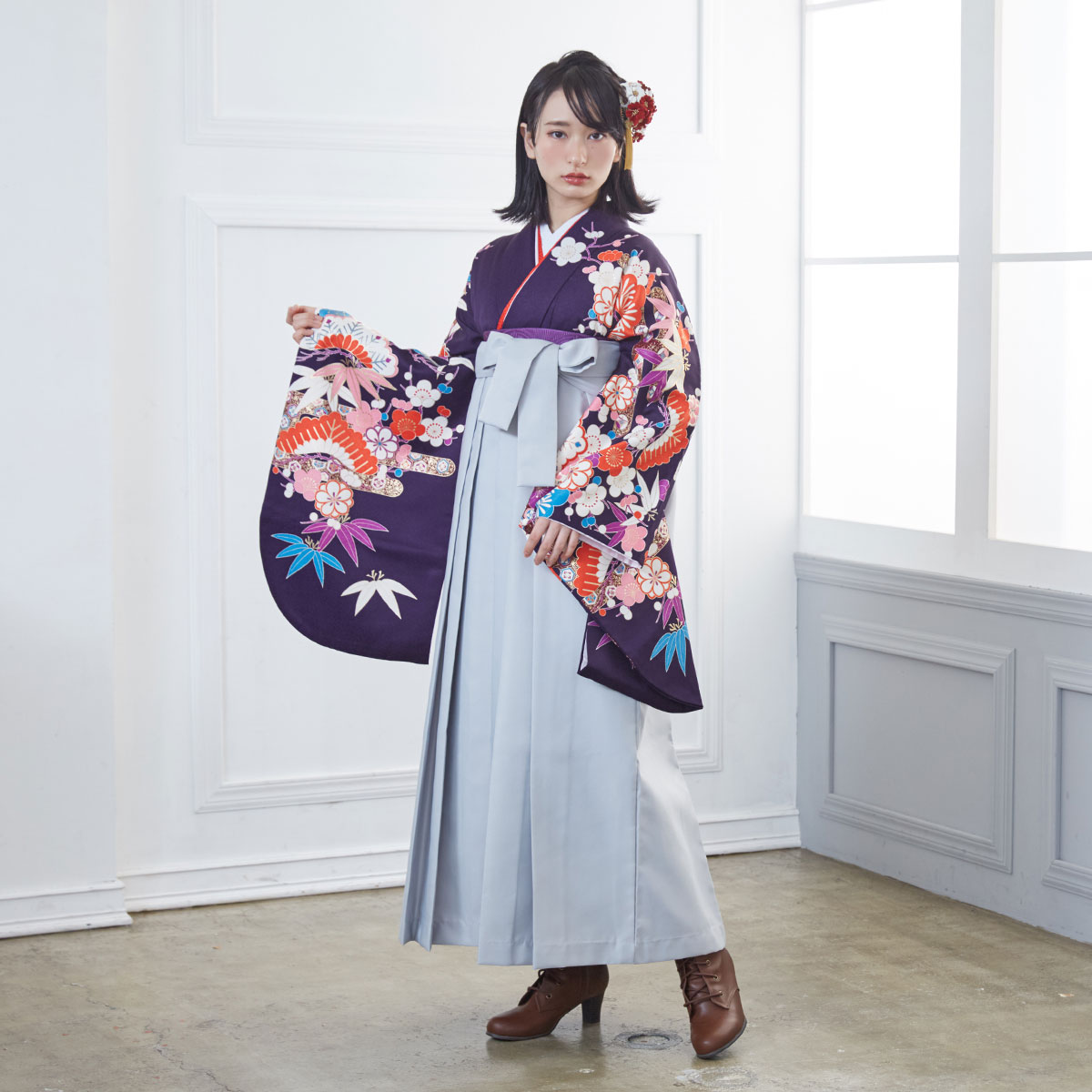  【SALE】 紫　霞に松竹梅 レンタル 大学生袴 G607