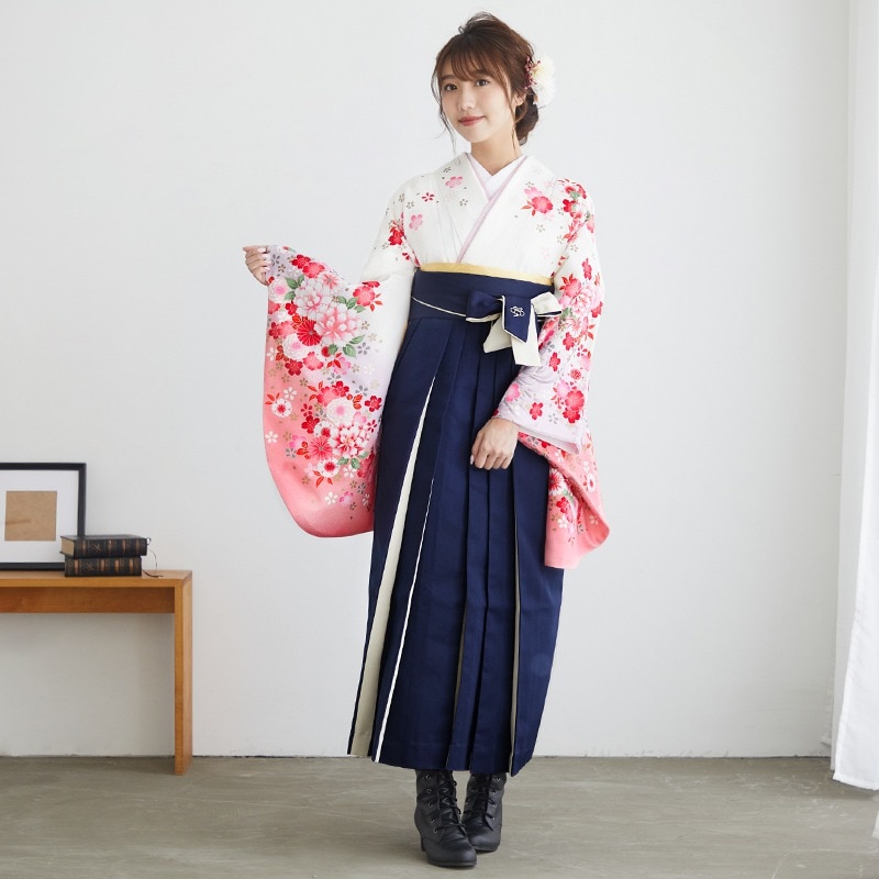 【SALE】 白　乱菊と牡丹 レンタル 大学生袴 G605