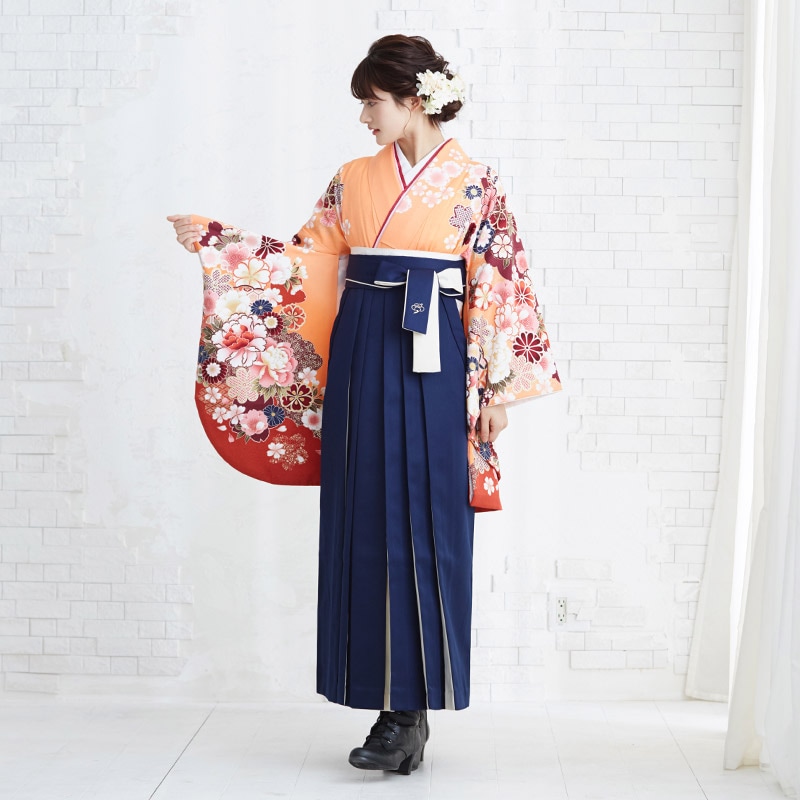  【SALE】 オレンジ　七宝雲取牡丹 レンタル 大学生袴 G598