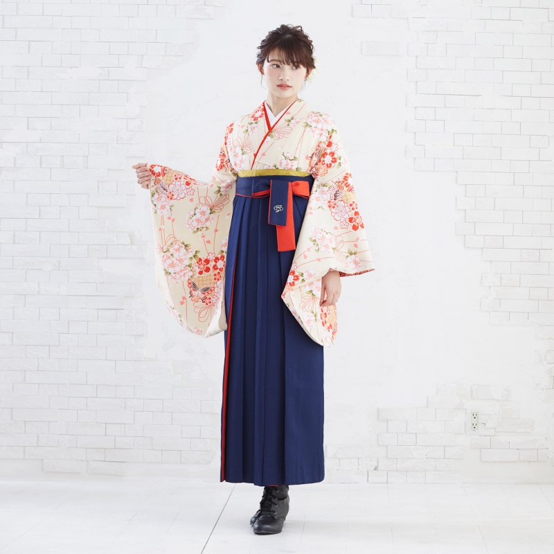  【SALE】 クリーム　花くす玉に蝶 A009 レンタル 大学生袴 G593