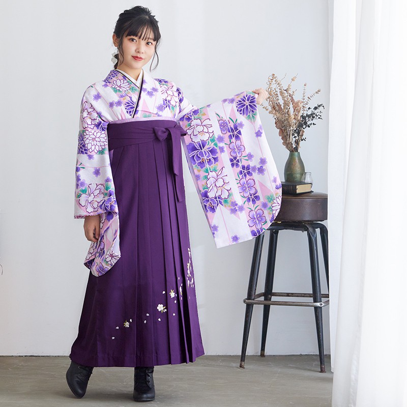 H 白・紫　矢羽根に牡丹 A013 レンタル 大学生袴 G557