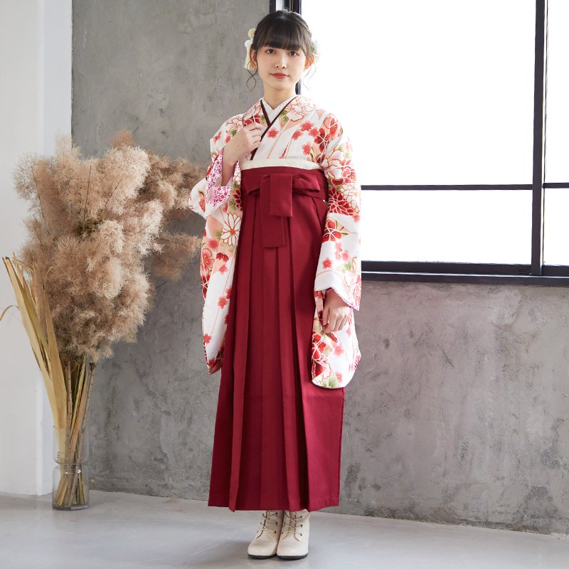 H 白・赤　矢羽根に牡丹 A004 レンタル 大学生袴 G556