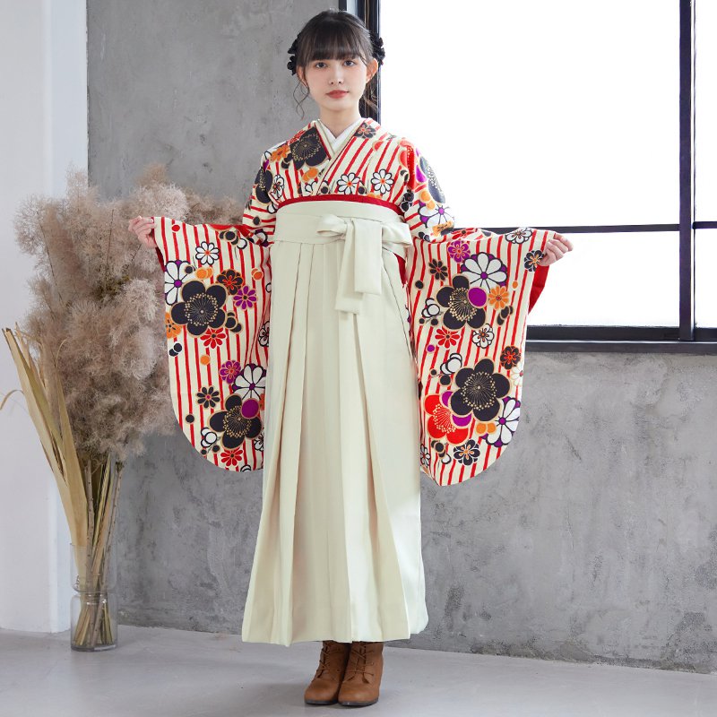 九重 【SALE】 クリーム　縞に梅文様 G812 レンタル 大学生袴 G546