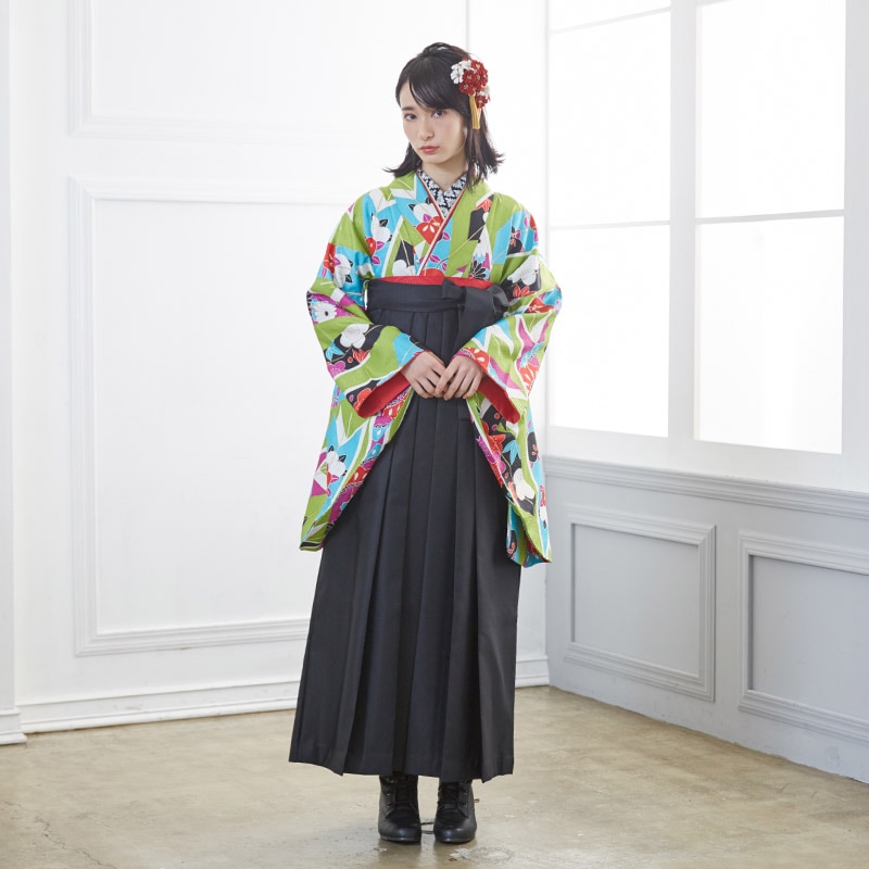 九重 【SALE】 黄緑　矢絣と花 レンタル 大学生袴 G543
