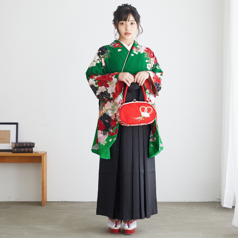  【SALE】 緑　熨斗と牡丹 レンタル 大学生袴 G542