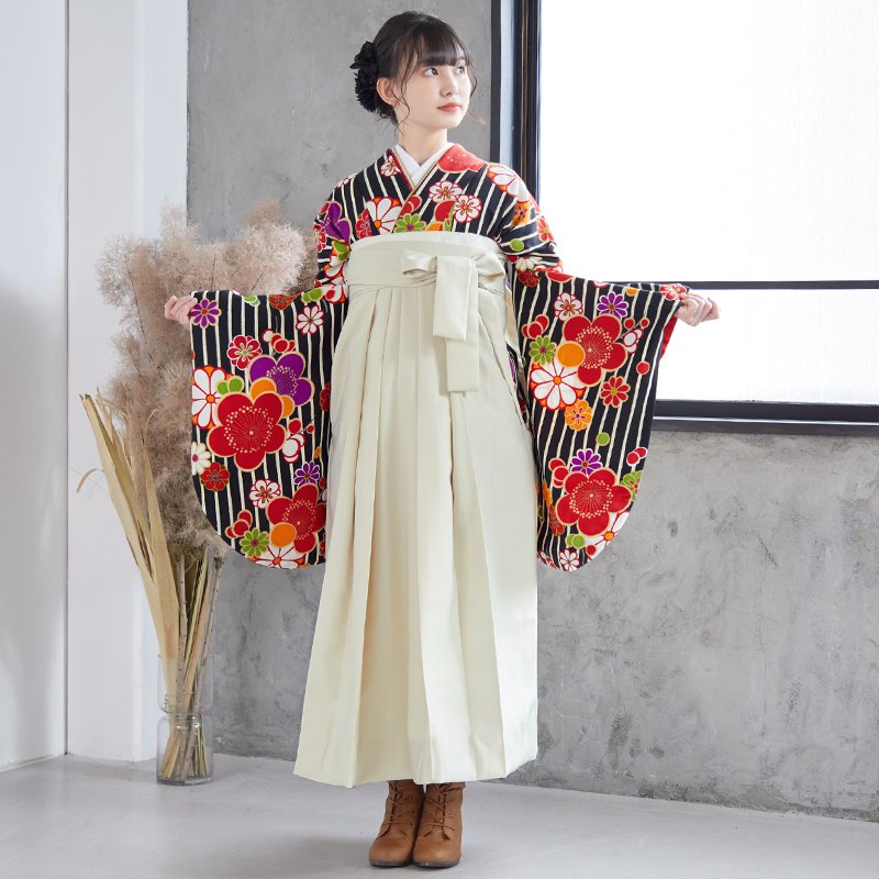 九重 【SALE】 黒　縞に梅文様 レンタル 大学生袴 G536