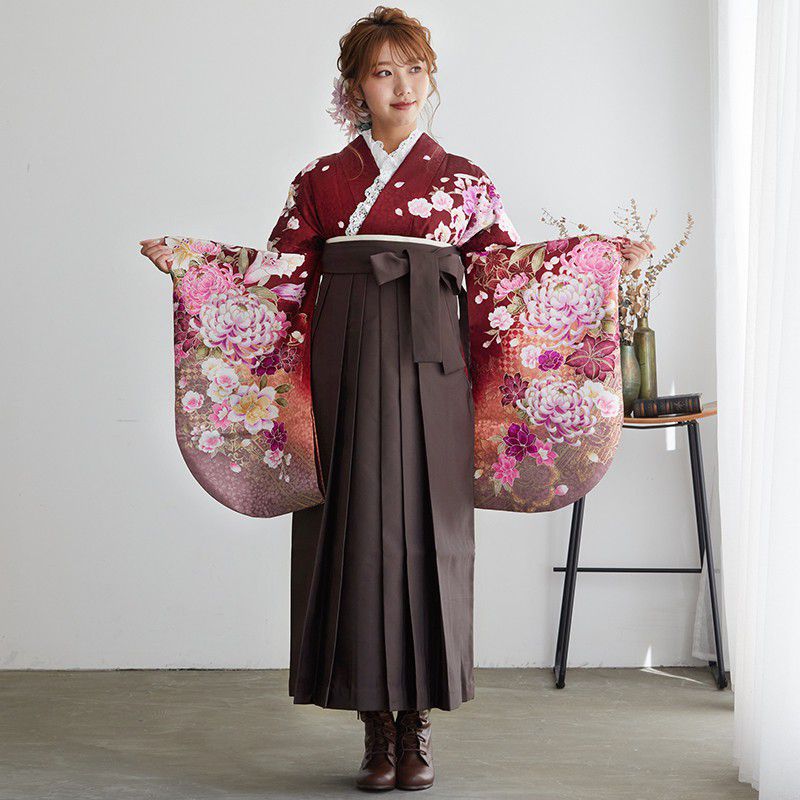  【SALE】 茶　菊と百合 レンタル 大学生袴 G491