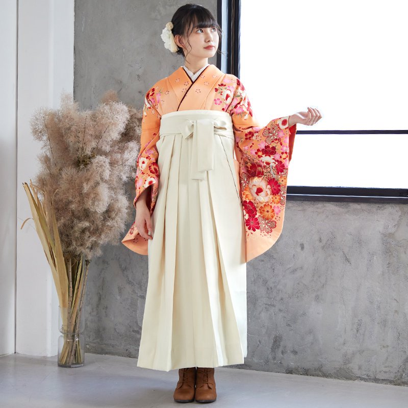  【SALE】 薄オレンジ　桜とコスモス レンタル 大学生袴 G476