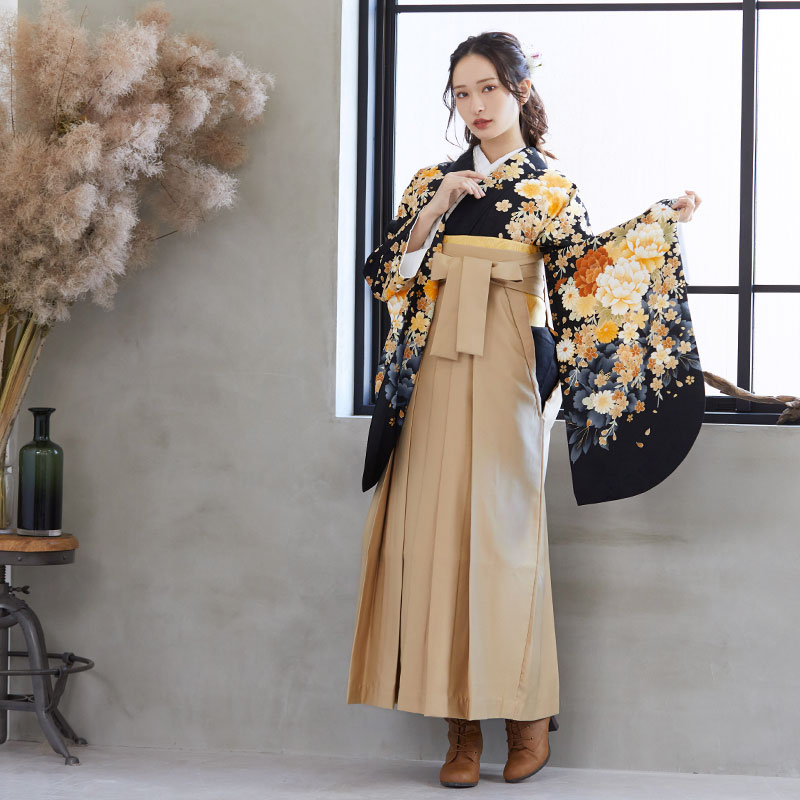  黒　牡丹と枝垂れ桜 レンタル 大学生袴 G440