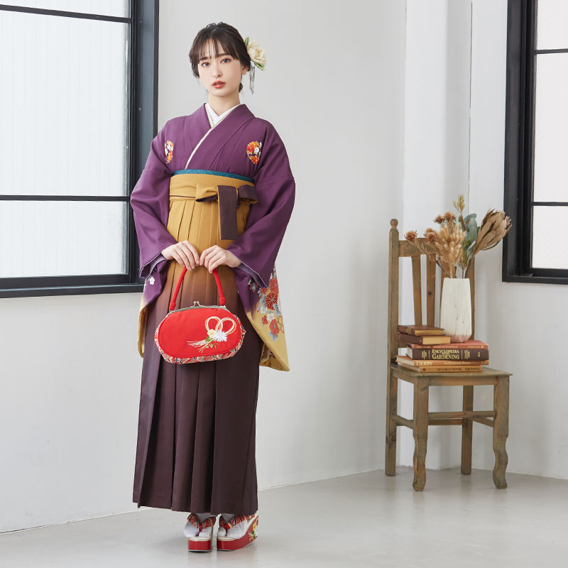  【SALE】 紫　牡丹と花籠花紋刺繍入り レンタル 大学生袴 G434