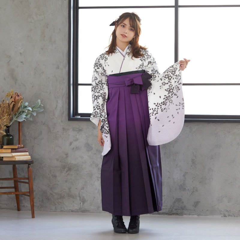  【SALE】 白　薄墨色の枝垂れ桜 レンタル 大学生袴 G429