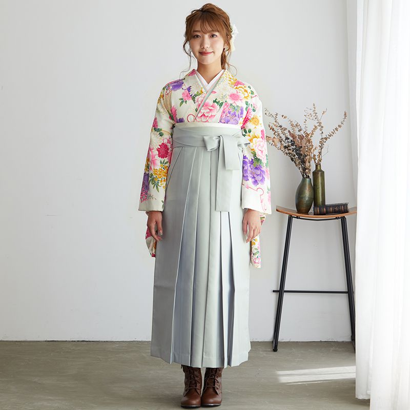  【SALE】 白　牡丹と八重桜の藤 レンタル 大学生袴 G414