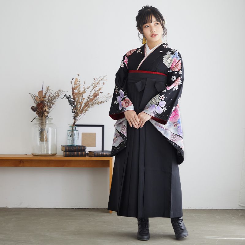  【SALE】 黒　絞り花柄 レンタル 大学生袴 G385