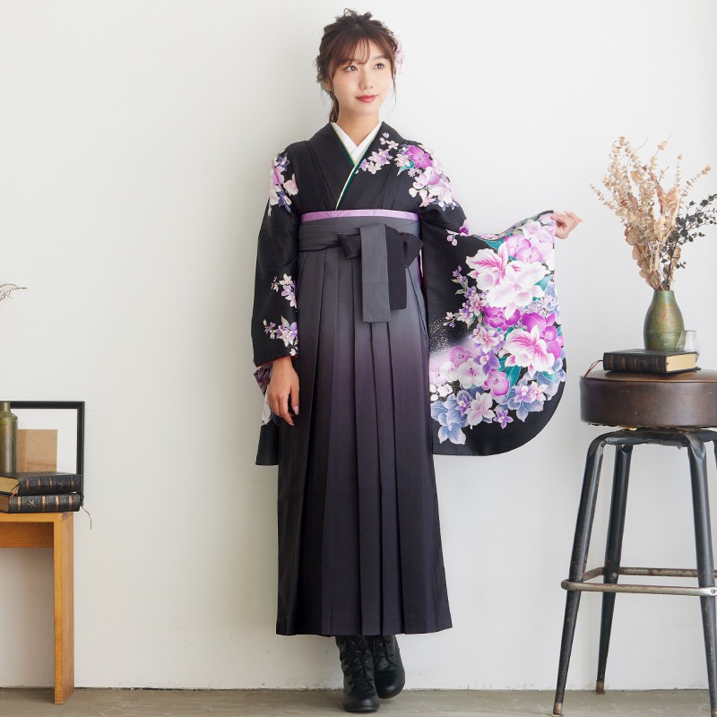  【SALE】 黒　カトレアと蘭 レンタル 大学生袴 G375