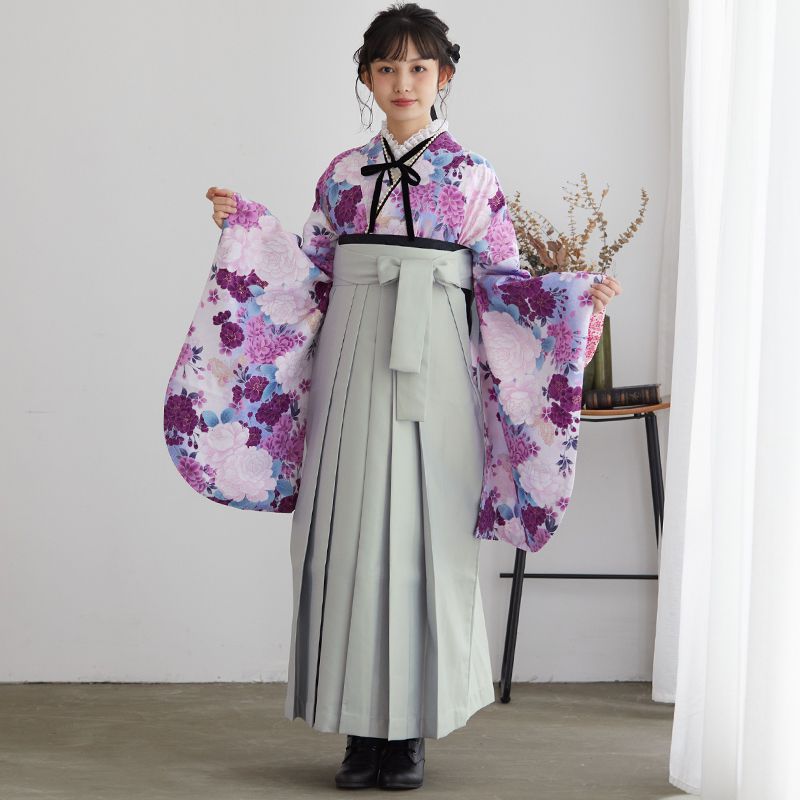 H 【SALE】 白・紫　バラとレース蝶 レンタル 大学生袴 G361