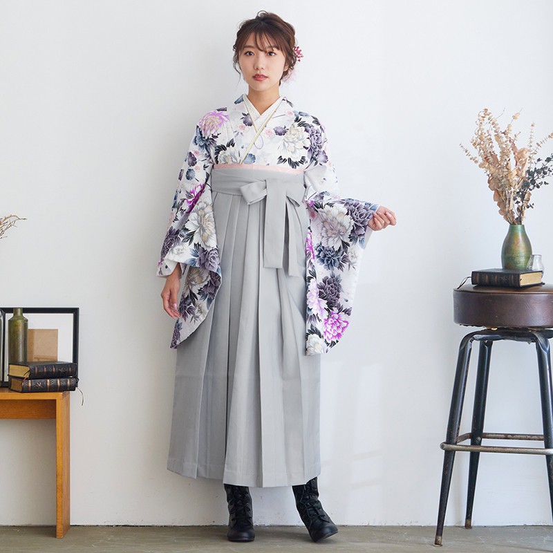  【SALE】 白　牡丹と桜 レンタル 大学生袴 G335