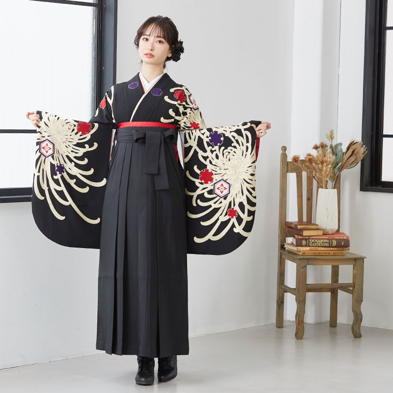 ジャパンスタイル 黒　菊と亀甲 レンタル 大学生袴 G296
