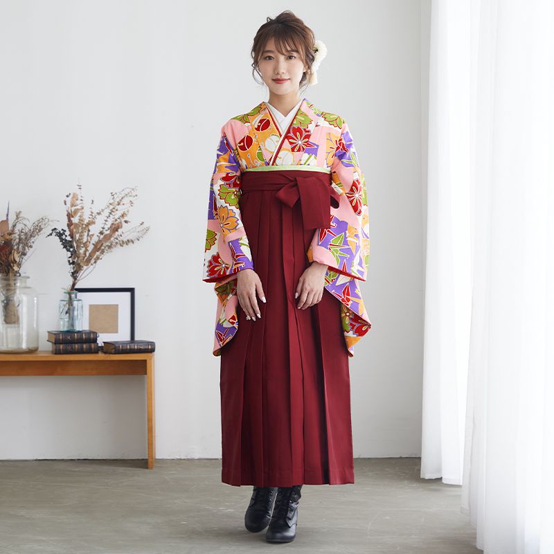 九重 【SALE】 ピンク　九重　扇面に鈴と折り鶴 レンタル 大学生袴 G285