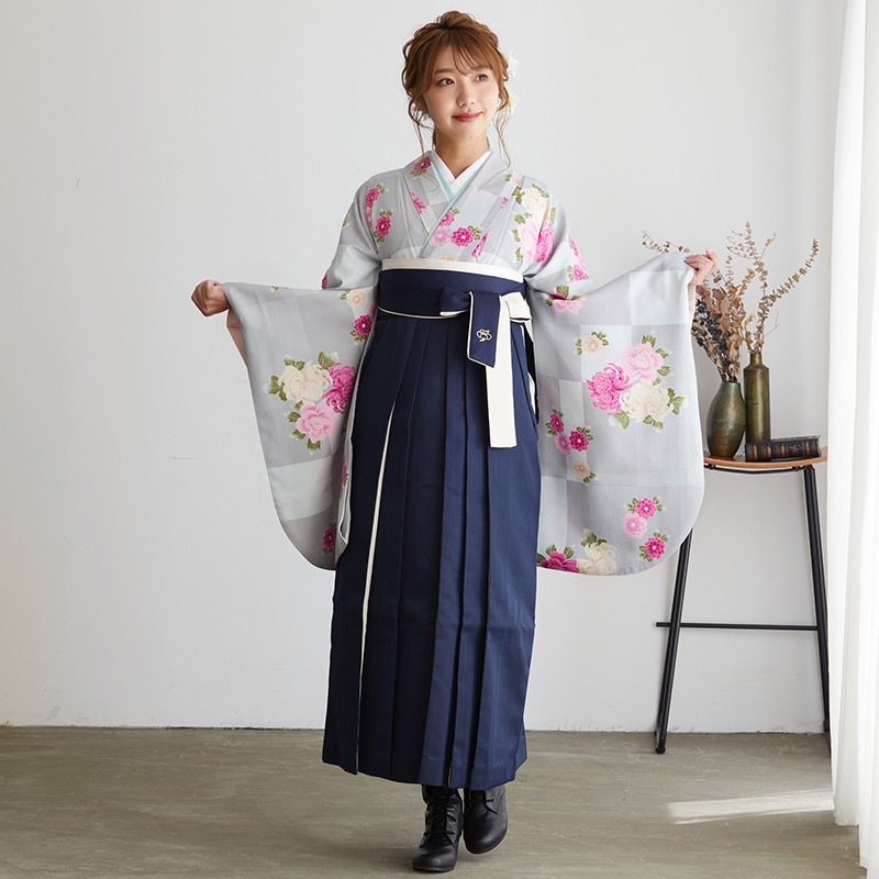  【SALE】 グレー　市松菊と牡丹 宅 Web限定商品 レンタル 大学生袴 G276