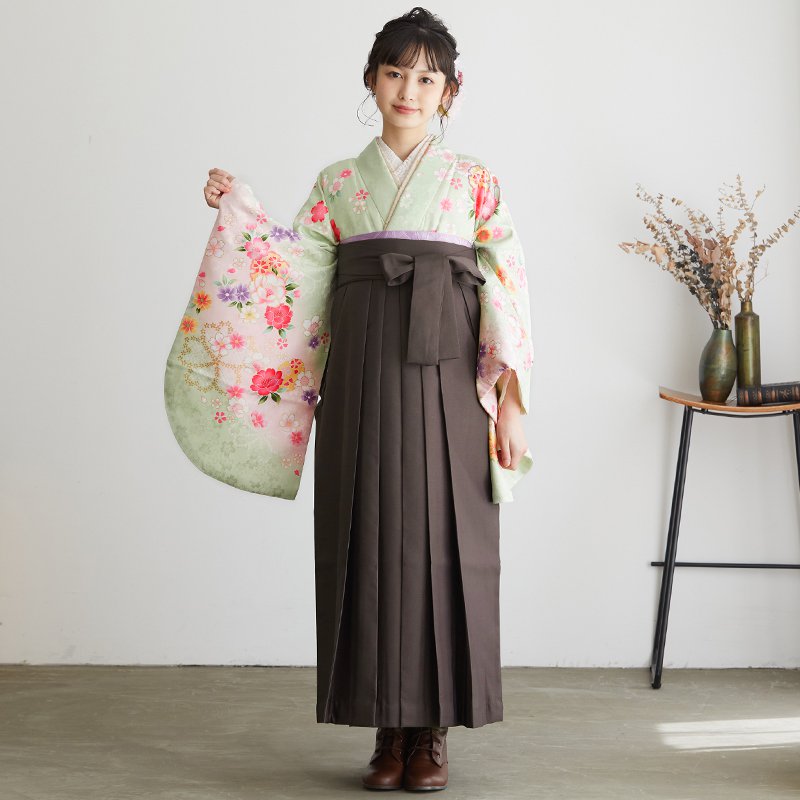  黄緑　雪輪に牡丹とかんざし レンタル 大学生袴 G258