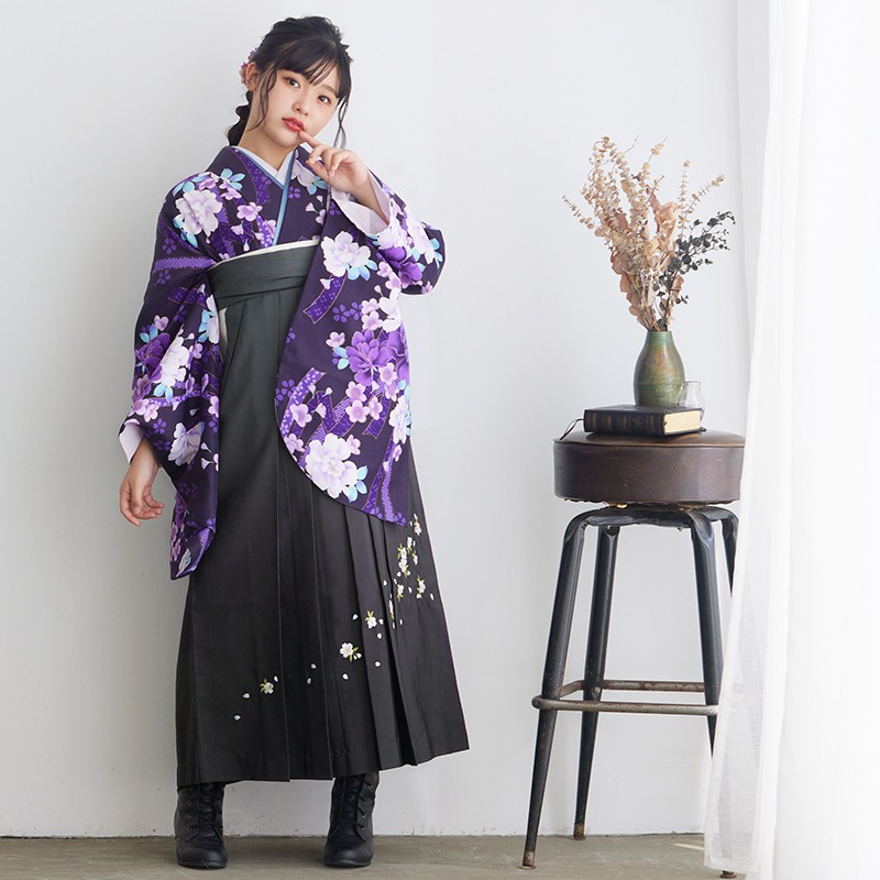  【SALE】 黒　熨斗目に牡丹と桜 レンタル 大学生袴 G250