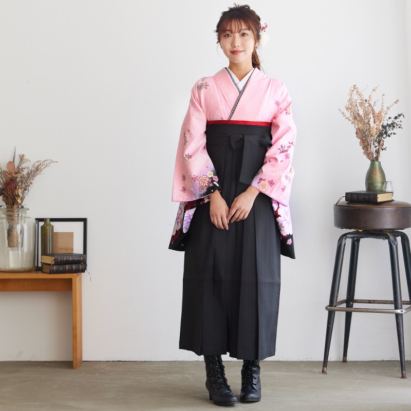  ピンク×黒　牡丹の夢　オーロラ刺繍 レンタル 大学生袴 G229