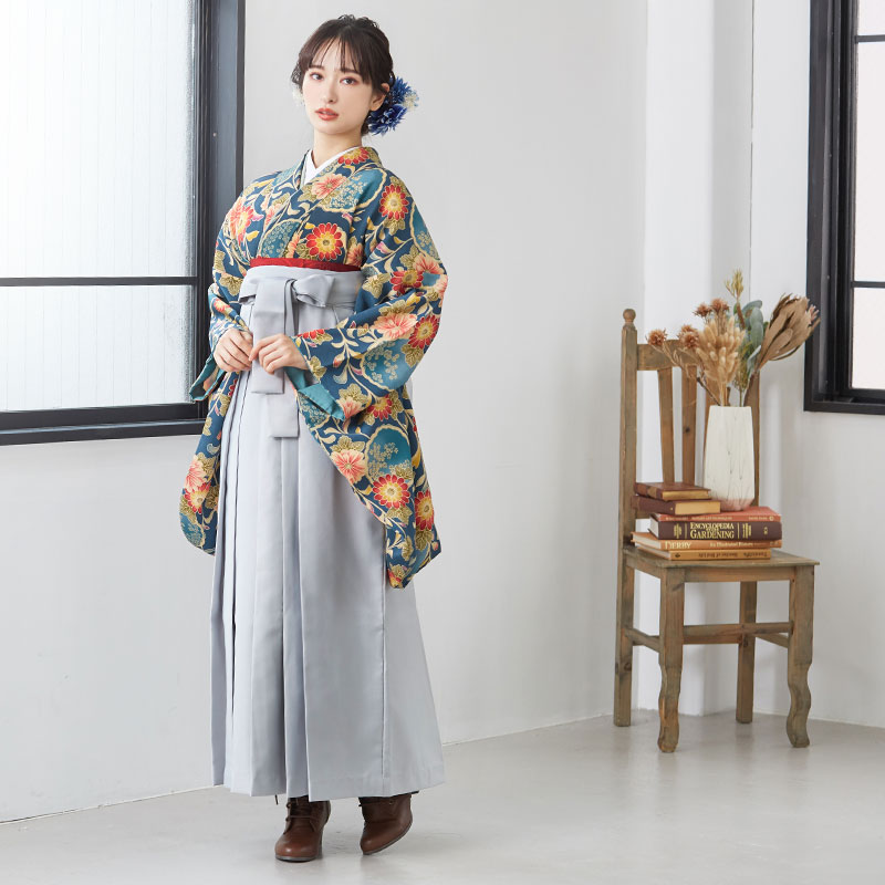  深青緑　菊柄アンティーク レンタル 大学生袴 G214