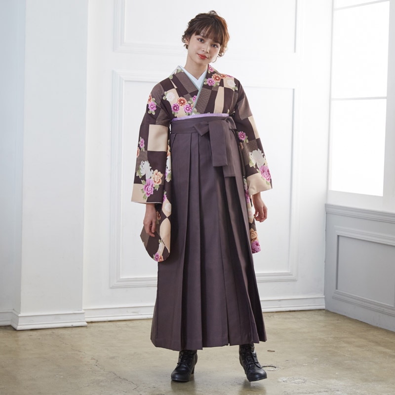  【SALE】 茶色　市松菊と牡丹 宅 Web限定商品 レンタル 大学生袴 G194