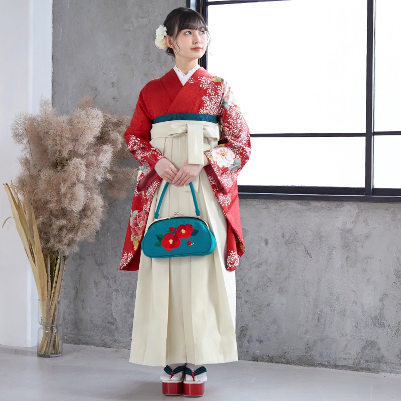 H 【SALE】 赤　牡丹かすみ草 レンタル 大学生袴 G145
