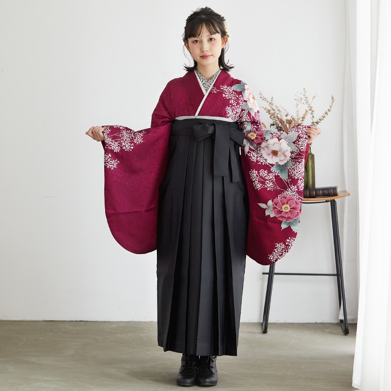 H 赤紫　牡丹かすみ草 レンタル 大学生袴 G144