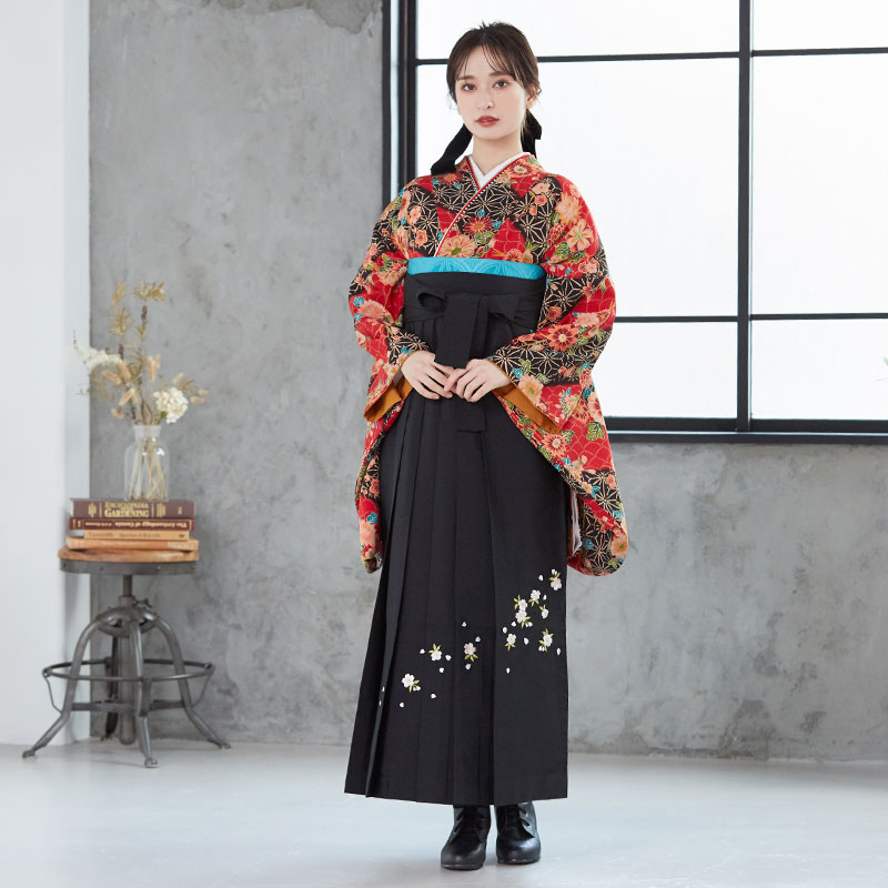  【SALE】 黒赤　アンティークダリア レンタル 大学生袴 G113