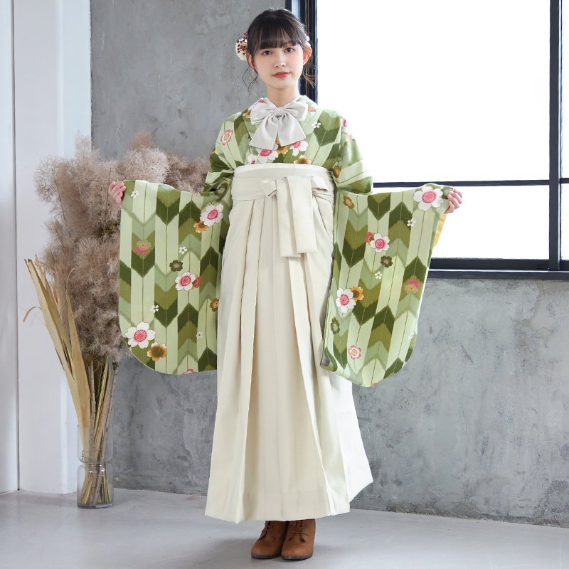  【SALE】 モスグリーン　ふんわり矢絣 レンタル 大学生袴 G103