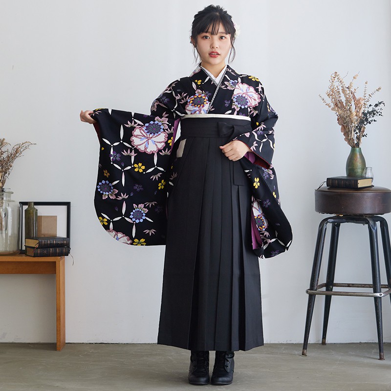  【SALE】 黒　水色菊桜 宅 Web限定商品 レンタル 大学生袴 G037