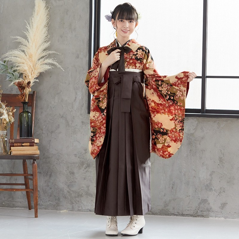  【SALE】 エンジ　黒扇柄 レンタル 大学生袴 G030