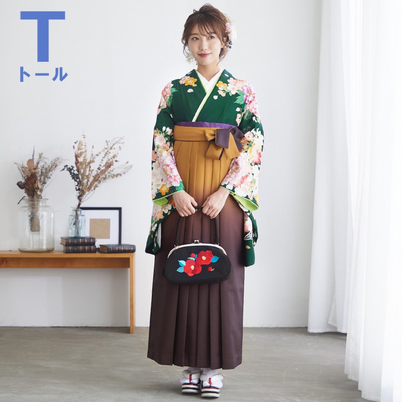  【SALE】 深緑　牡丹に桜 G757 【トールサイズ】 レンタル 大学生袴 G798