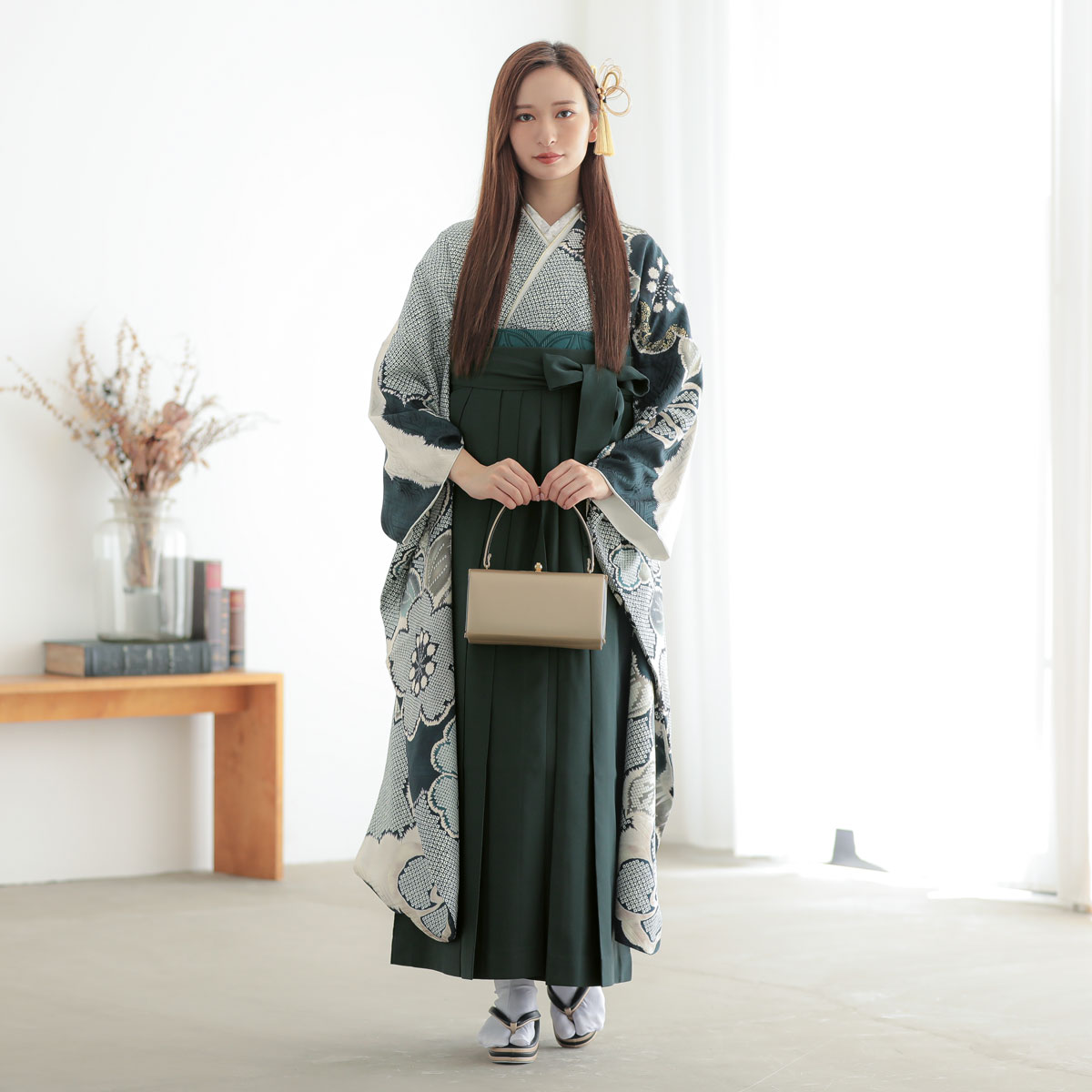 Vサンク 【SALE】 ダークグリーン　疋田風梅椿 レンタル 振袖袴 R2058