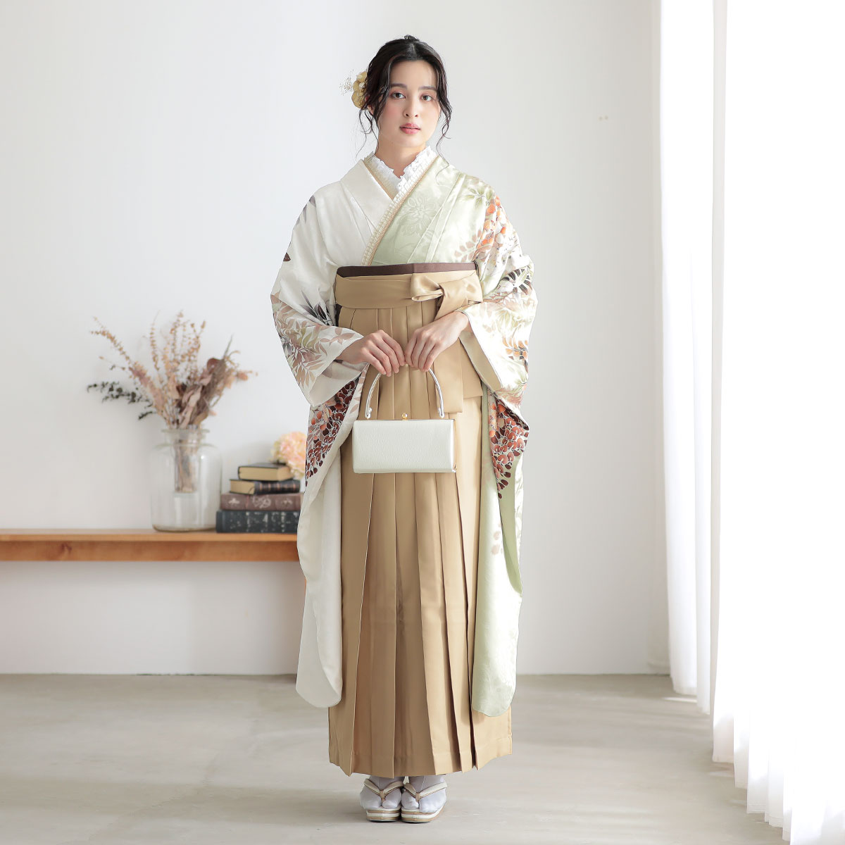  モスグリーンｘ白　藤花 レンタル 振袖袴 R2057