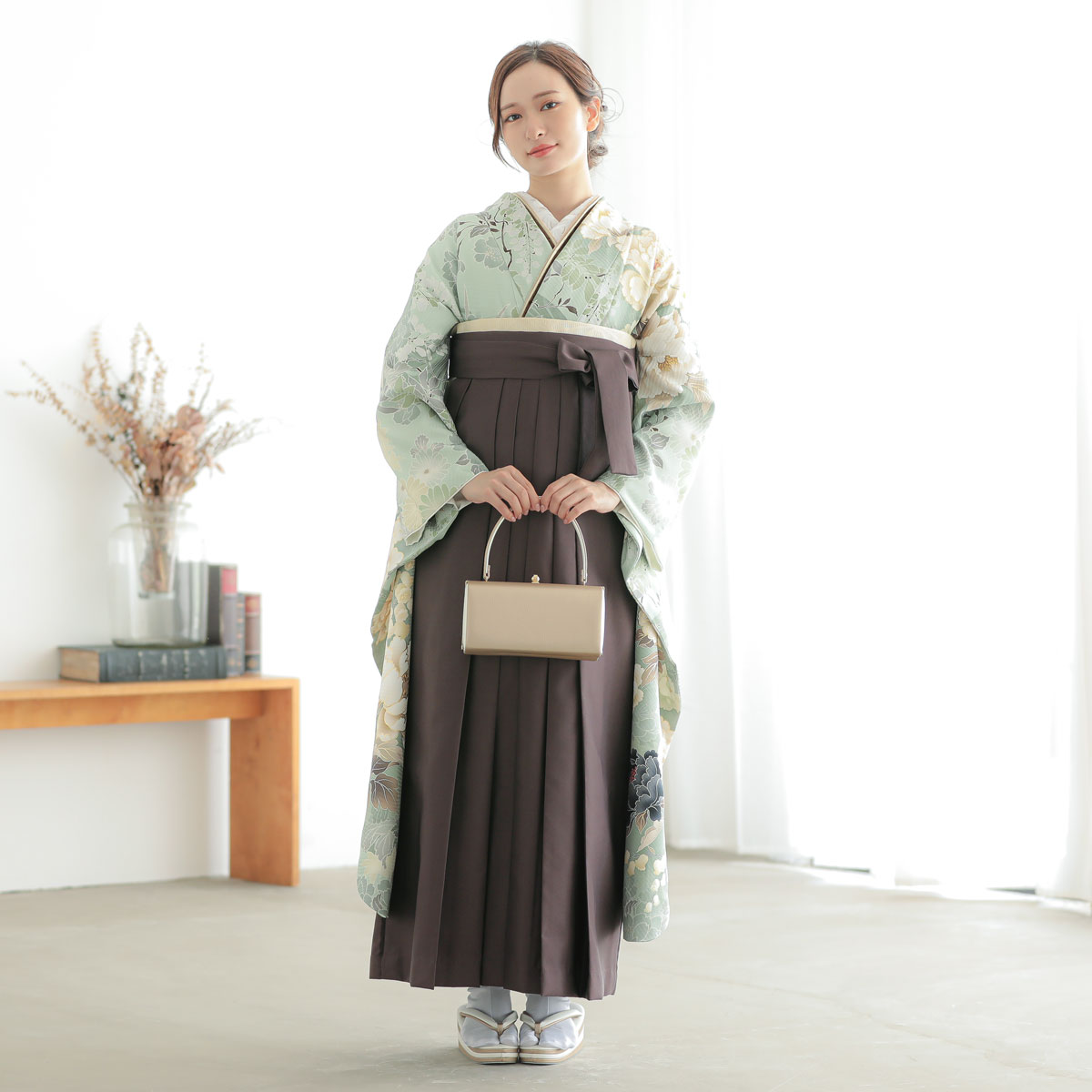 カランコエ 【SALE】 モスグリーン　牡丹に花々 レンタル 振袖袴 R2055