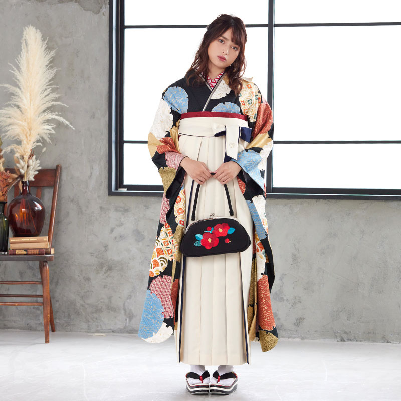  【SALE】 黒 雪輪取り レンタル 振袖袴 R1938