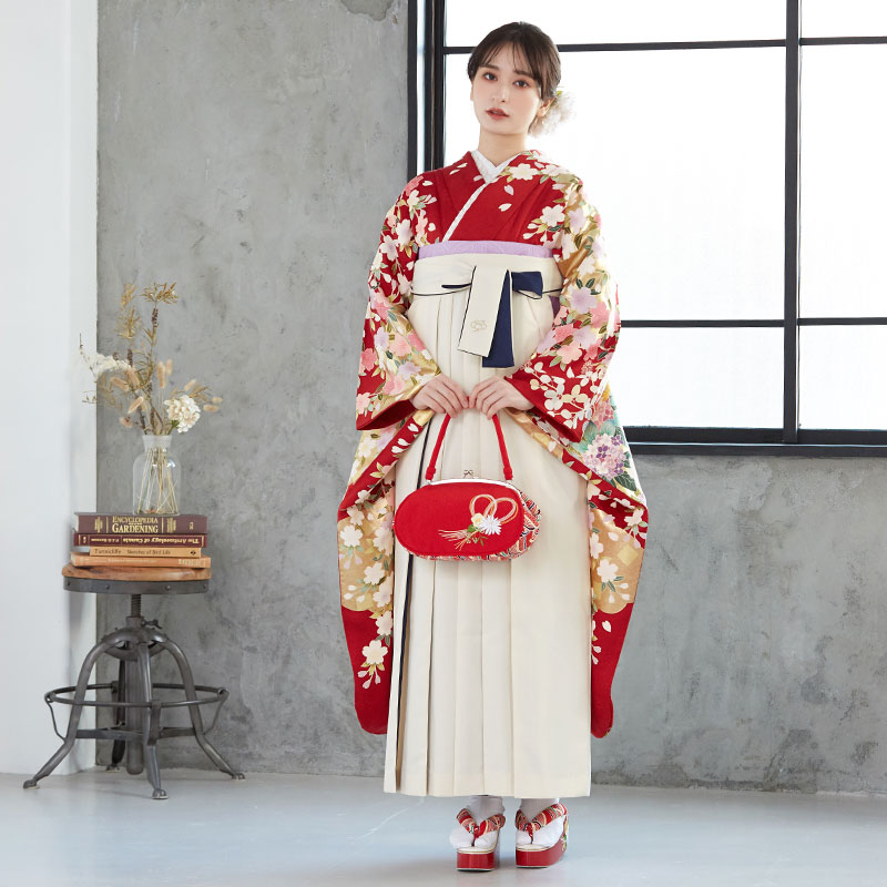  赤 雲取りに牡丹と枝垂れ桜 レンタル 振袖袴 R1937