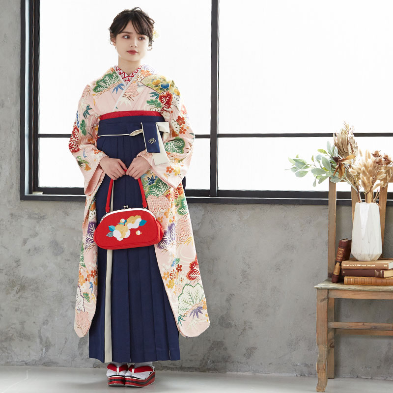  【SALE】 アンティークピンク 扇面に流水と松竹梅 レンタル 振袖袴 R1936