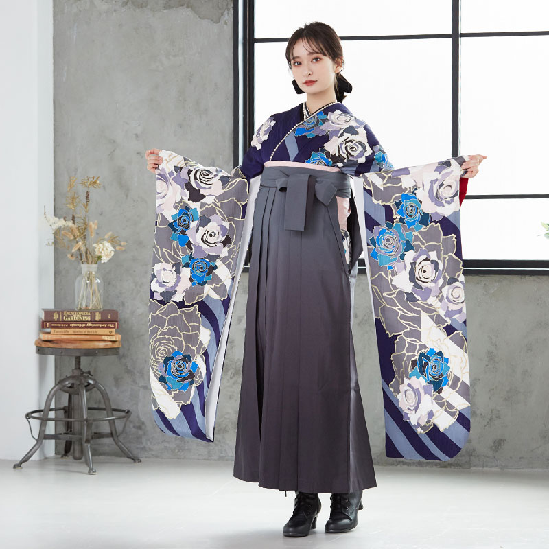 セシルマクビー 【SALE】 紺 薔薇尽くし R1522 レンタル 振袖袴 R1934