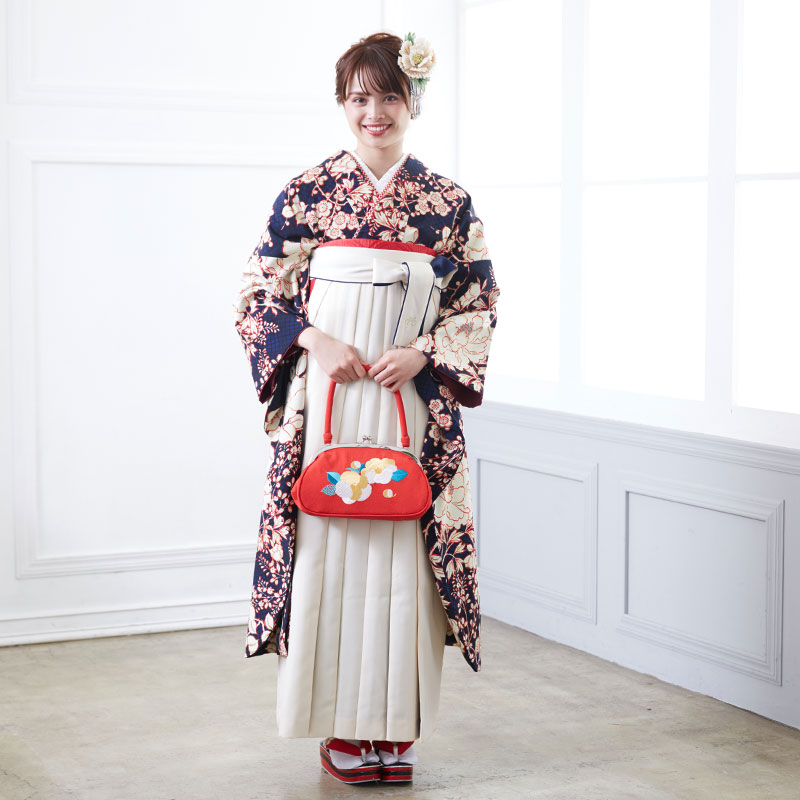 九重 【SALE】 濃紺 鹿の子に椿牡丹と梅 レンタル 振袖袴 R1927