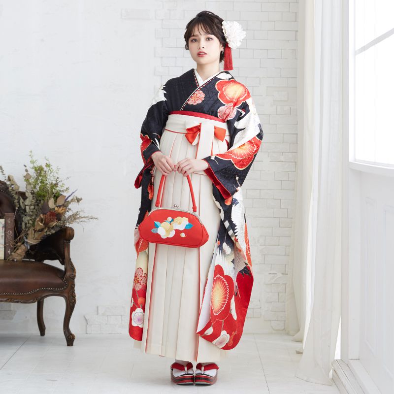  【SALE】 黒 赤ぼかし 大輪梅に鶴 R1755 レンタル 振袖袴 R1921